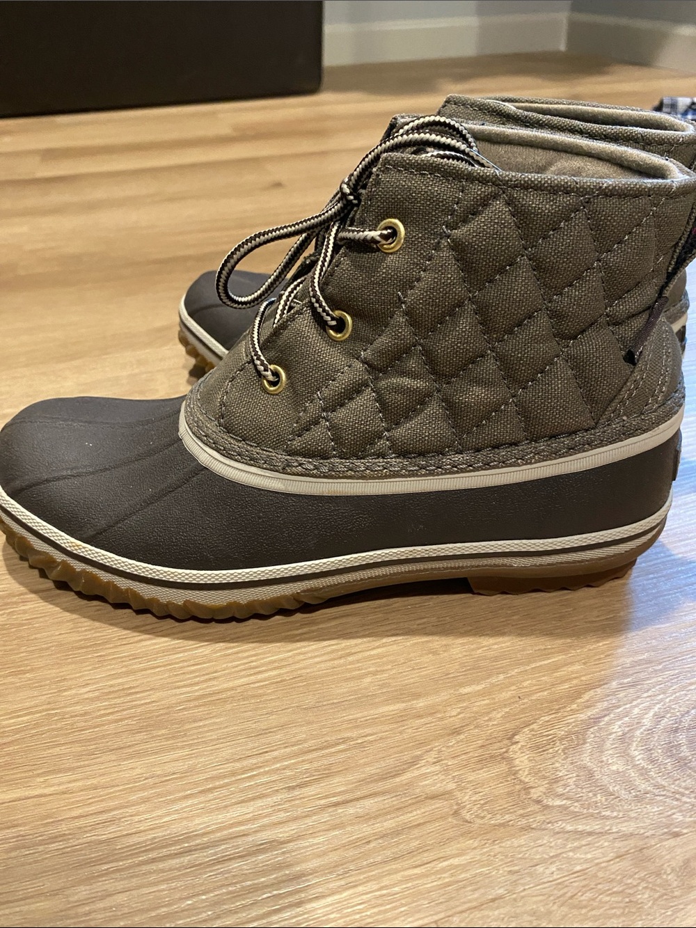 Eddie Bauer Quilted Olive and Brown Kids Lace-Up Rain Boots